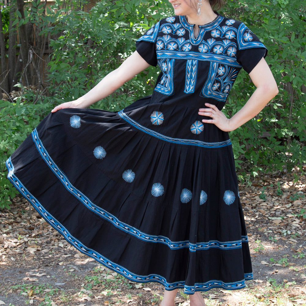 Tzatz Long Tiered Embroidered Dress | Lolo Mexican Mercadito Black with Blue & White Embroidery / Large Tzatz Long Tiered Embroidered Dress | Lolo Mexican Mercadito Black with Blue & White Embroidery / Large