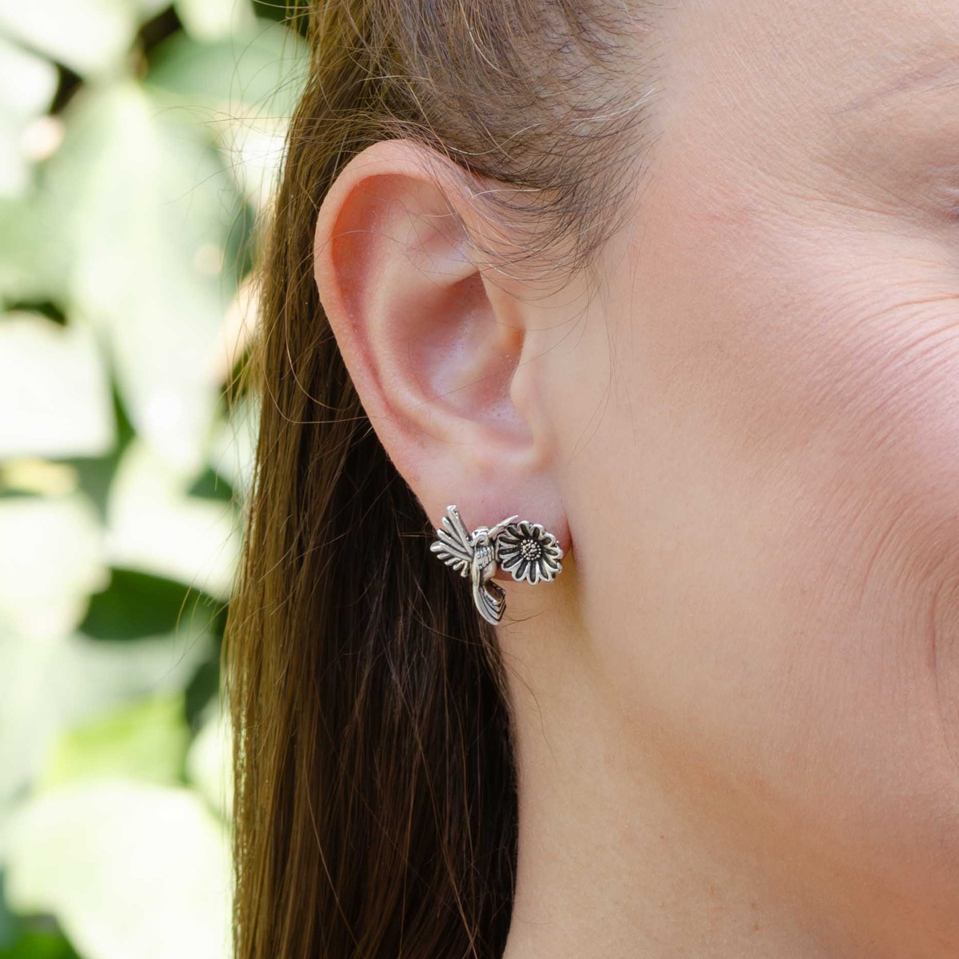 Sterling Silver Hummingbird Flower Earrings