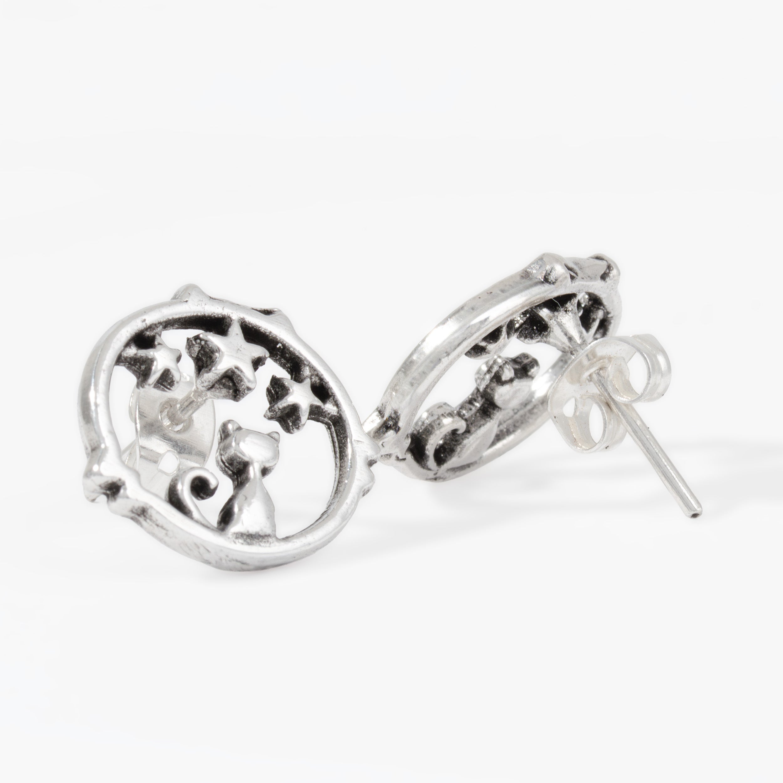 Sterling Silver Cat Under the Stars Earrings