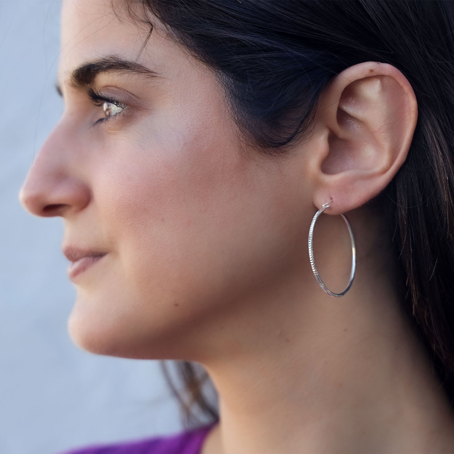 Sterling Silver Medium 1.3" Textured Hoop Earrings