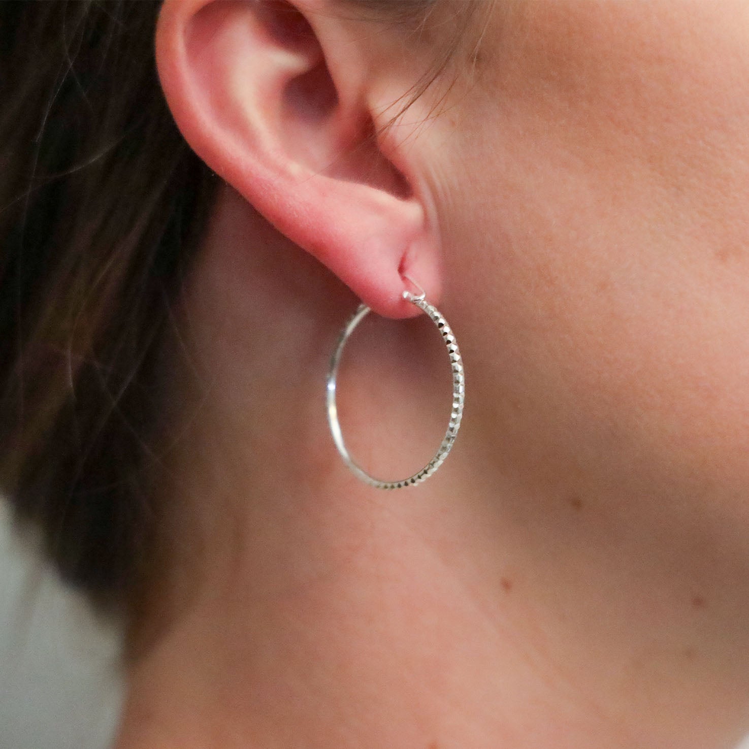 Sterling Silver Medium 1.3" Textured Hoop Earrings