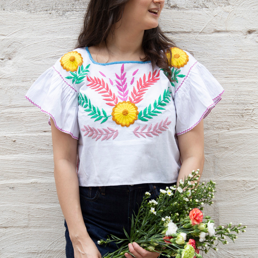 Carranza Flutter Sleeve Embroidered Cropped Blouse