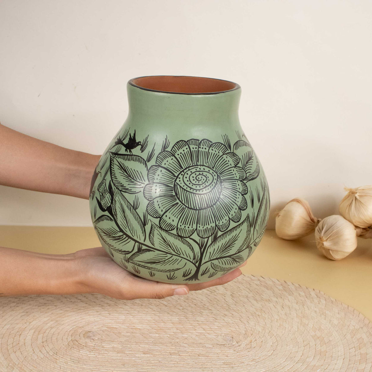 Huancito Hand-Painted Short Medium Pistachio Floral Vase