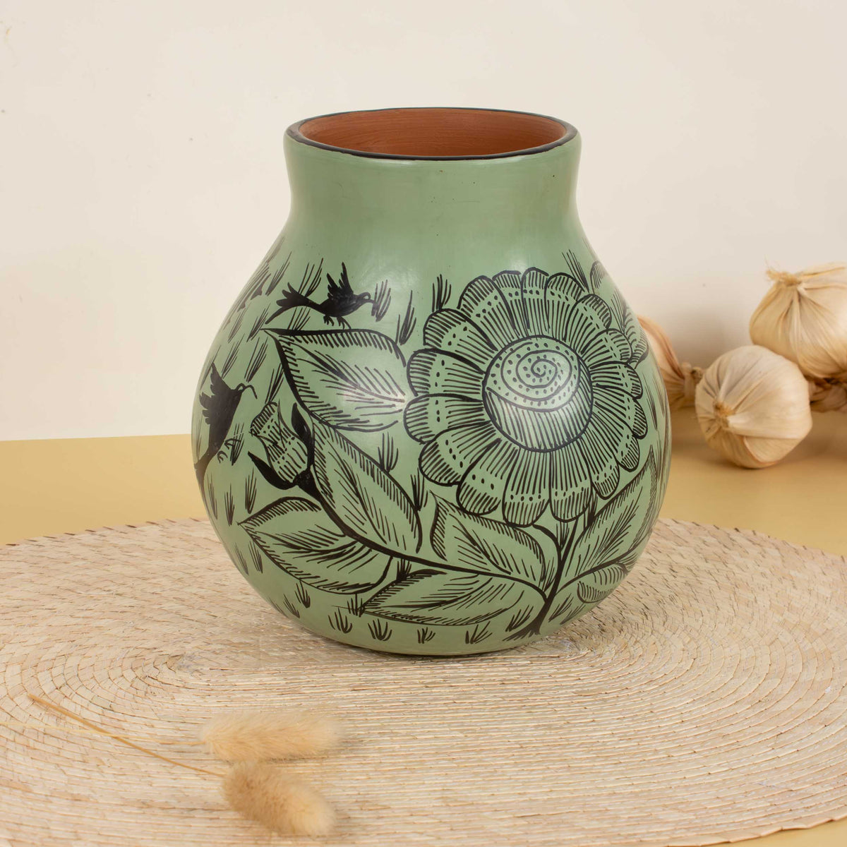 Huancito Hand-Painted Short Medium Pistachio Floral Vase