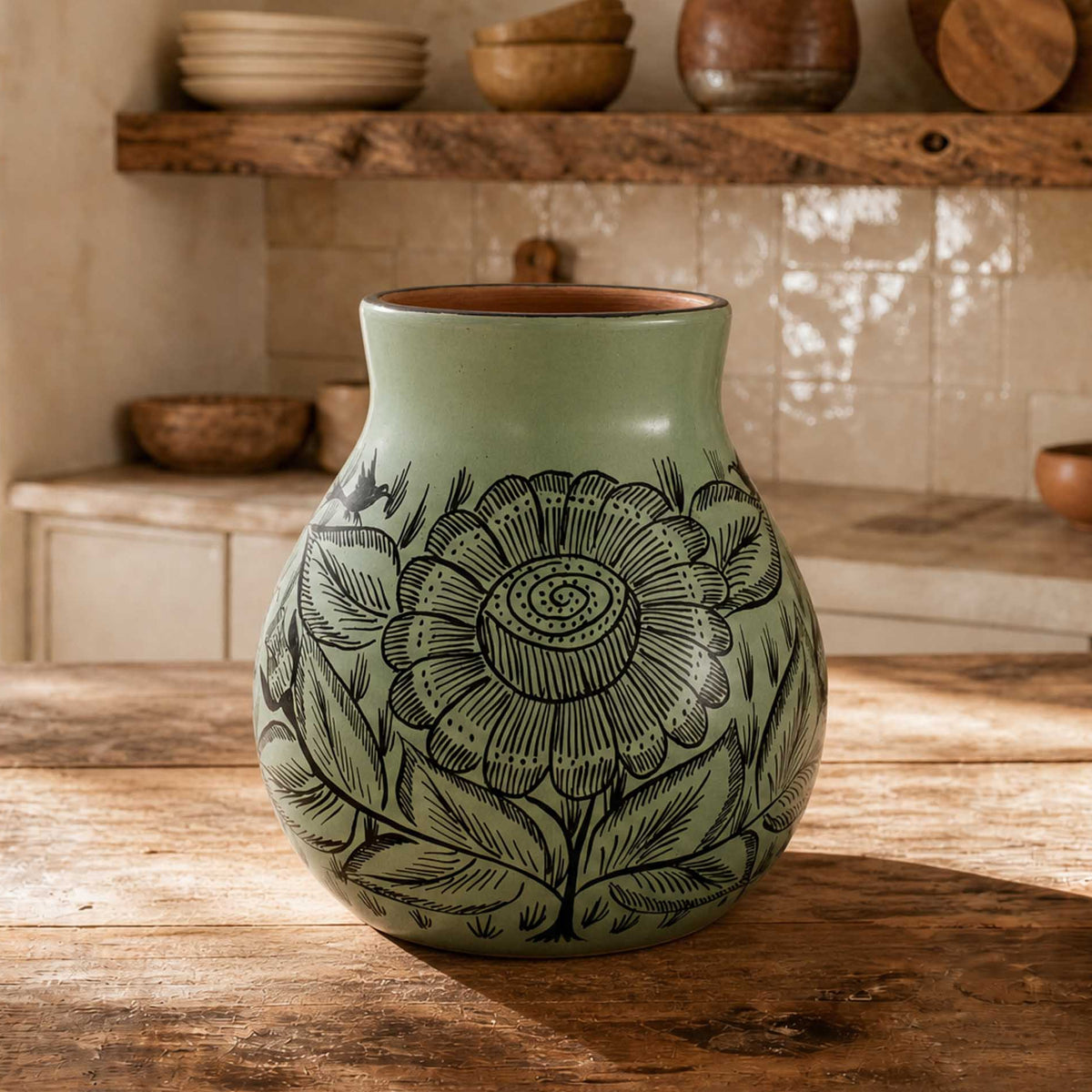 Huancito Hand-Painted Short Medium Pistachio Floral Vase