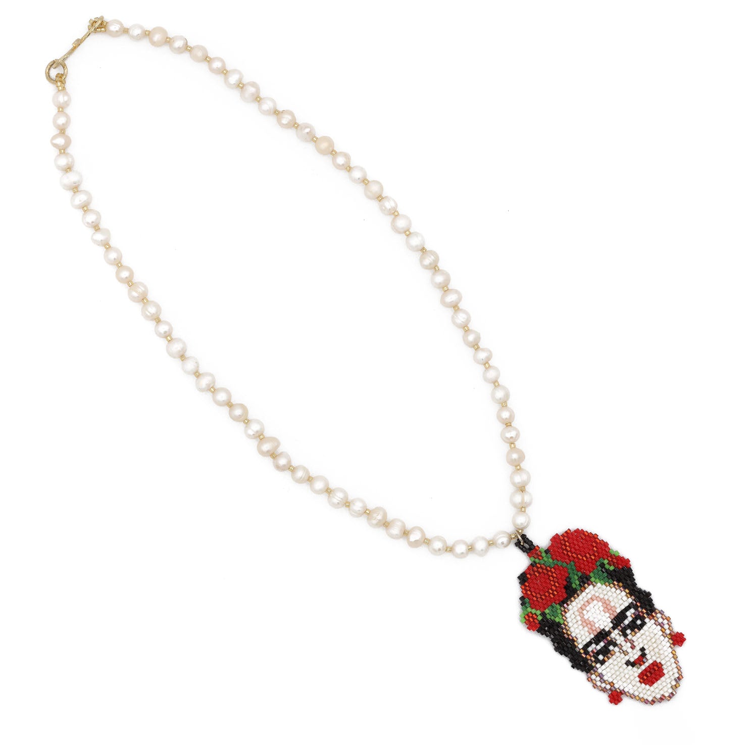 Wixárika Faux Pearl and Beaded Frida Pendant Necklace