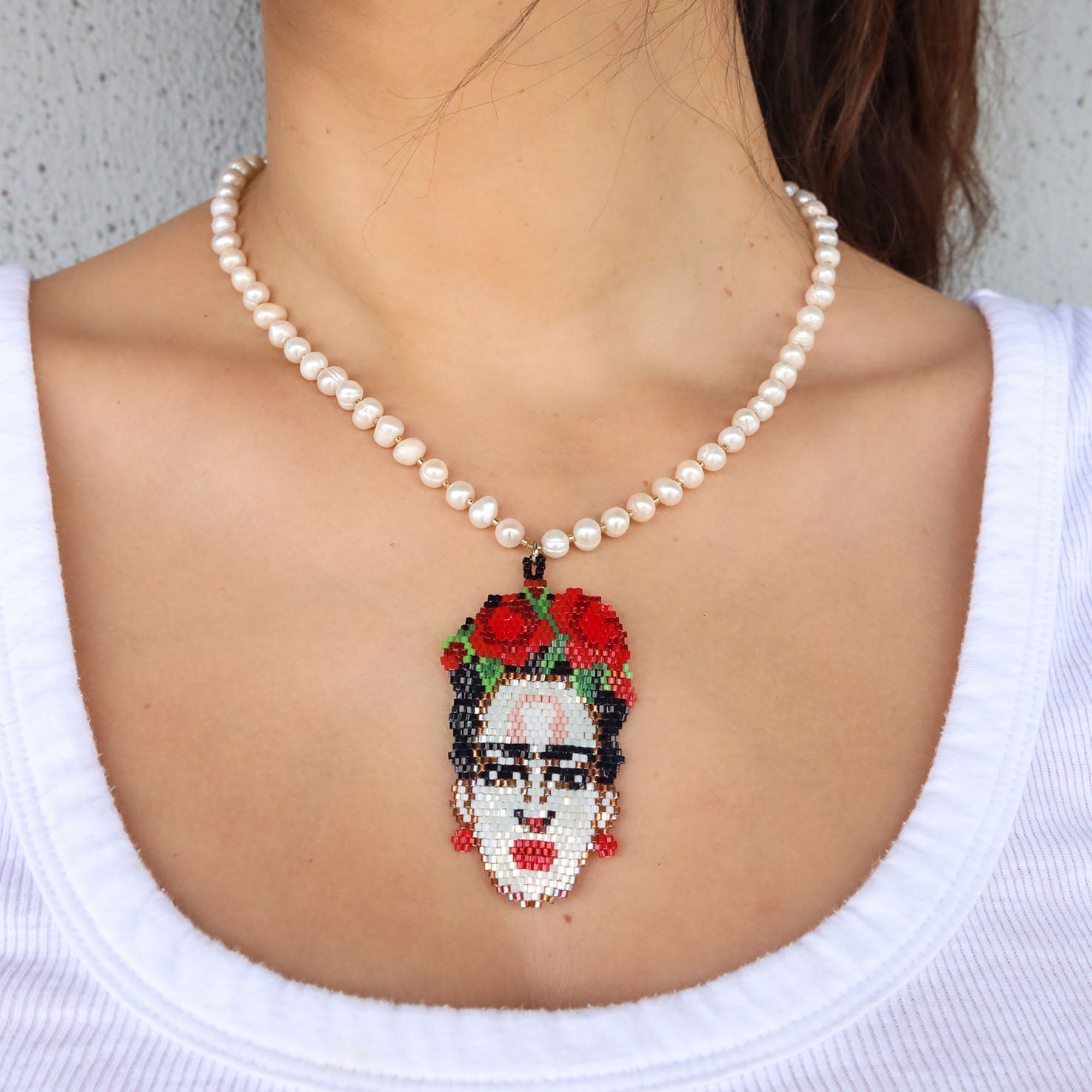 Wixárika Faux Pearl and Beaded Frida Pendant Necklace