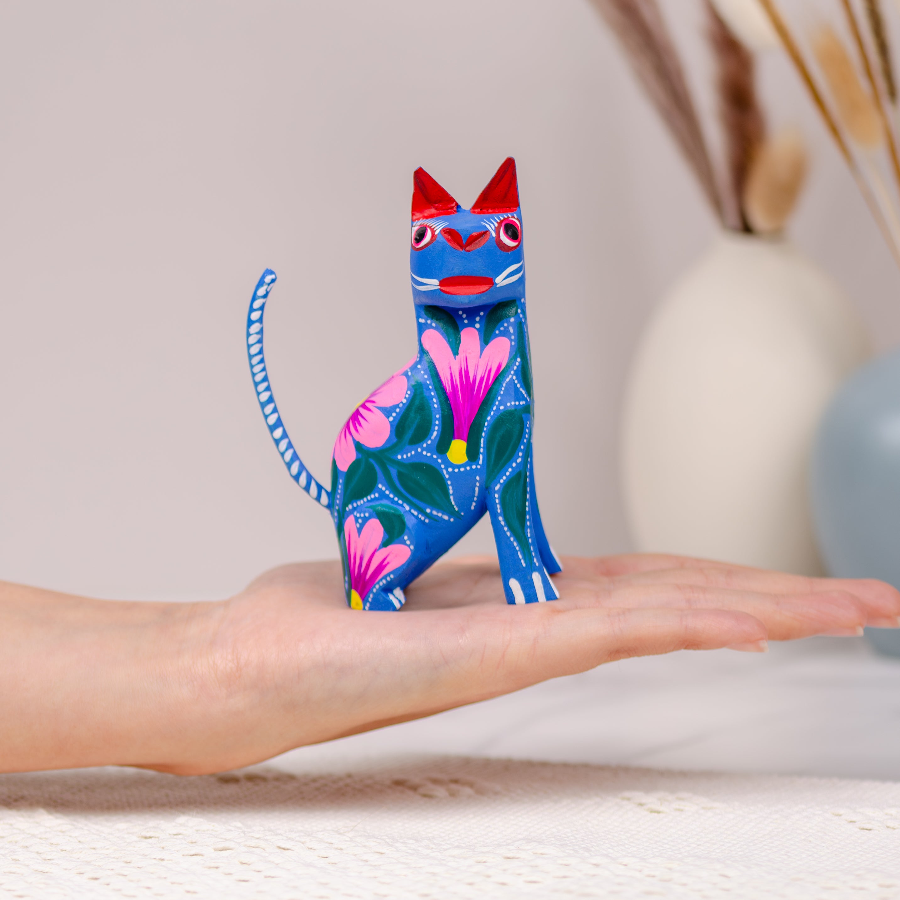 Hand Painted Sitting Cat Wooden Figurine | Lolo Mexican Mercadito