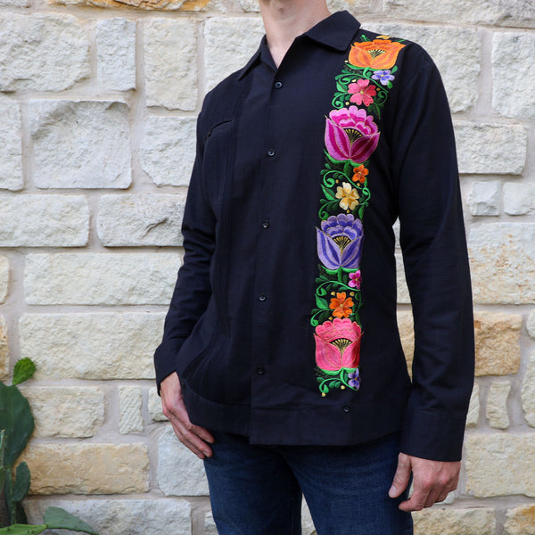 Noche Floral Long Sleeve Black Guayabera | Lolo Modern Mexican