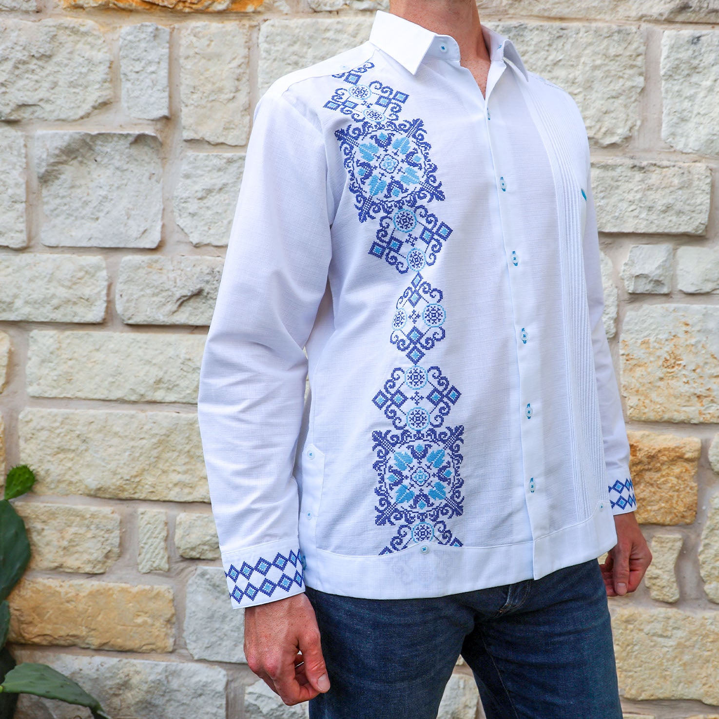 Talavera Long Sleeve Embroidered White Guayabera