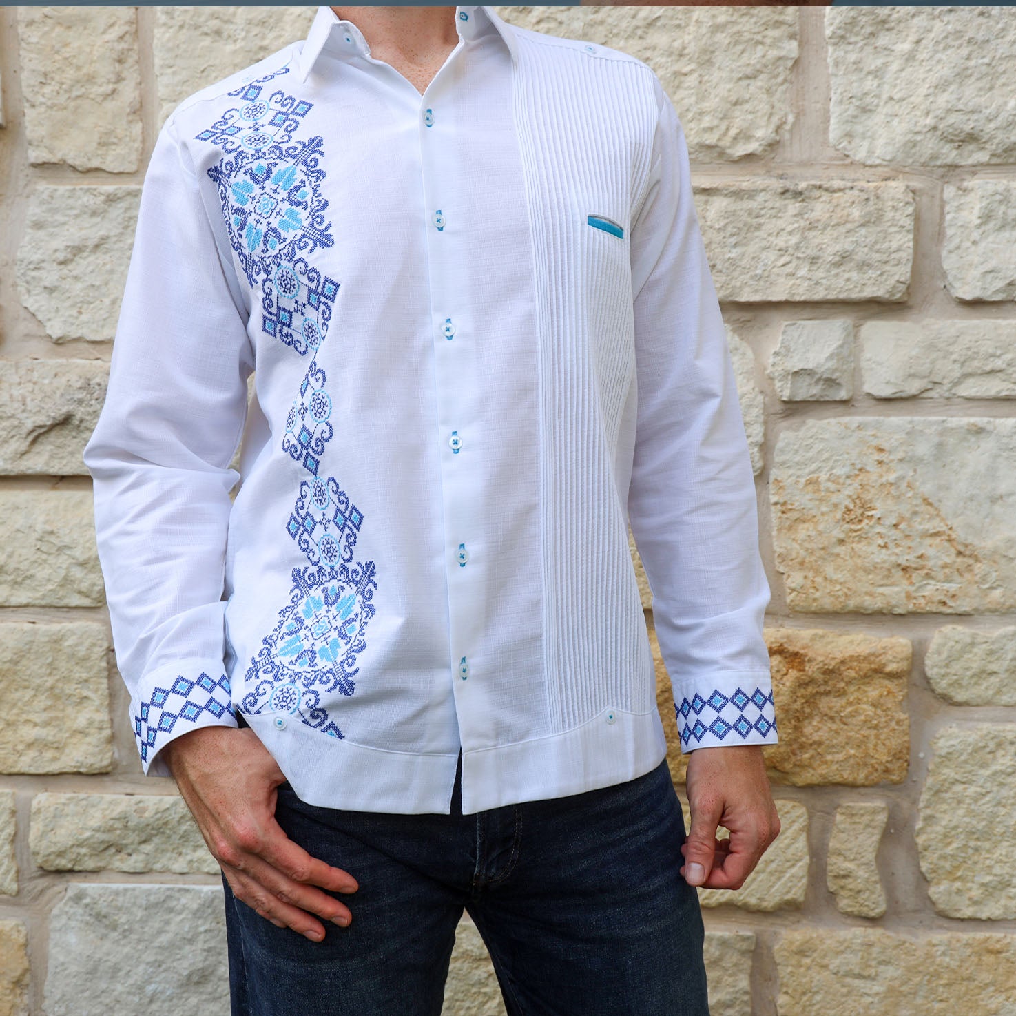 Talavera Long Sleeve Embroidered White Guayabera