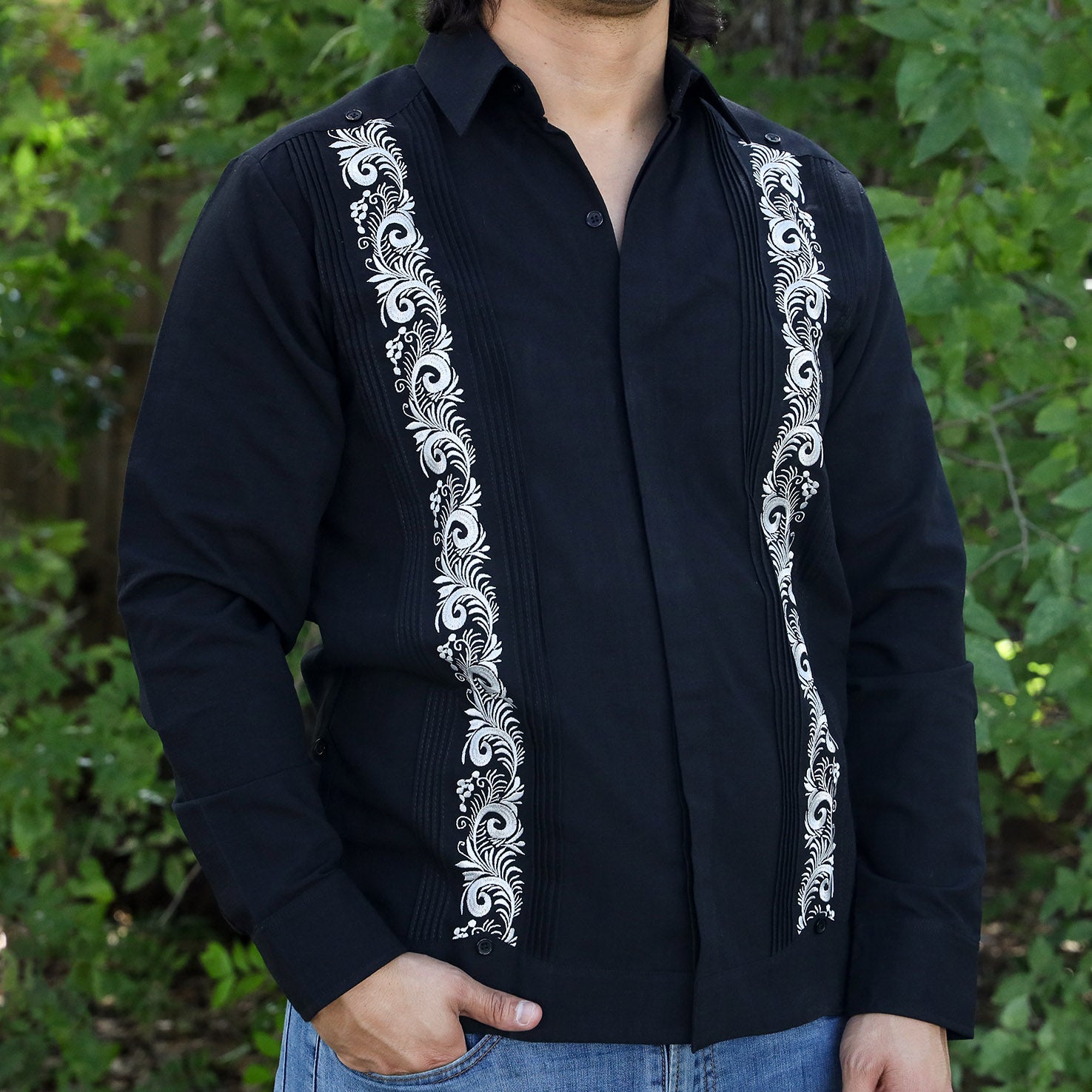 Black Feather Embroidered Guayabera