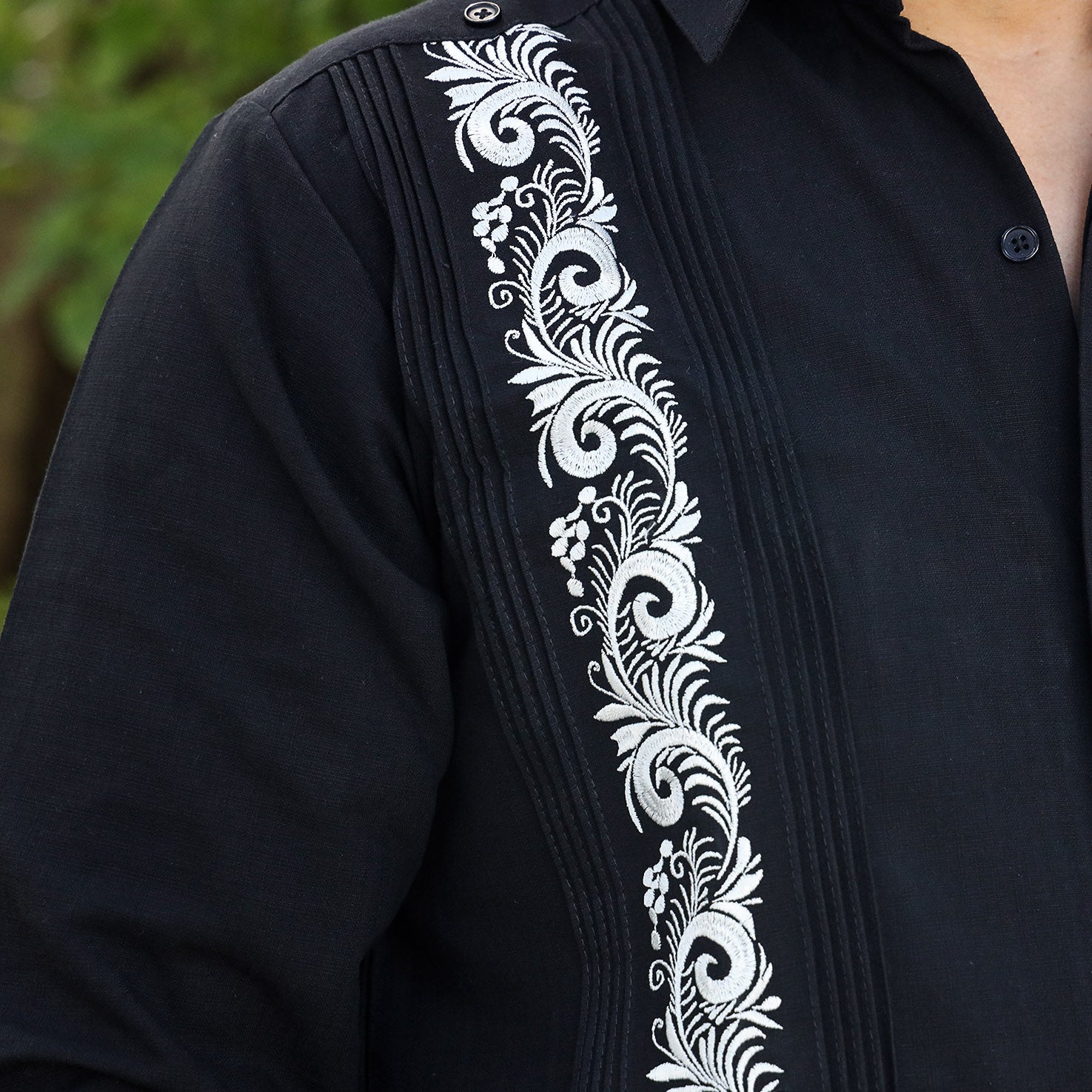 Black Feather Embroidered Guayabera