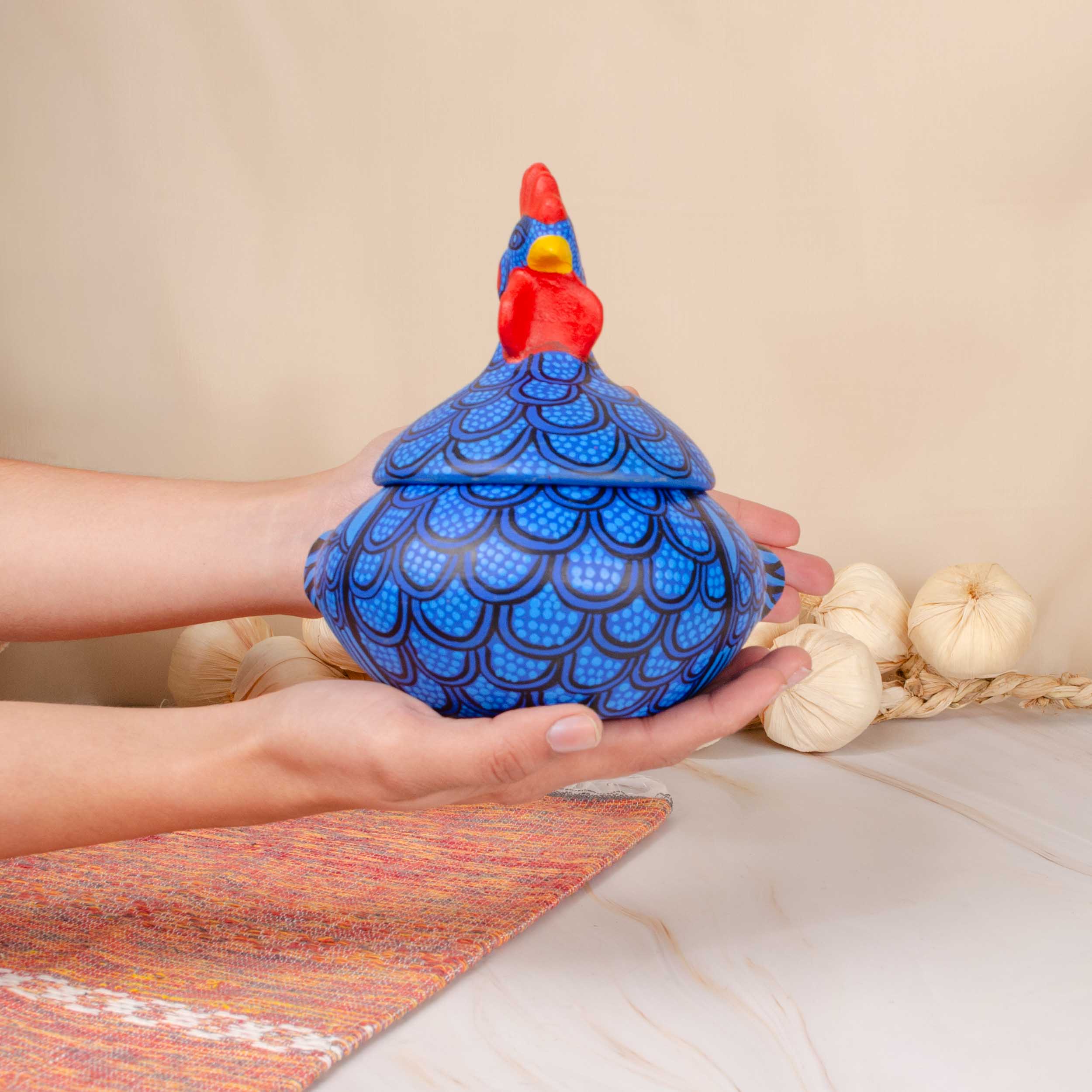 Hand Painted Clay Chicken Bowl with Lid