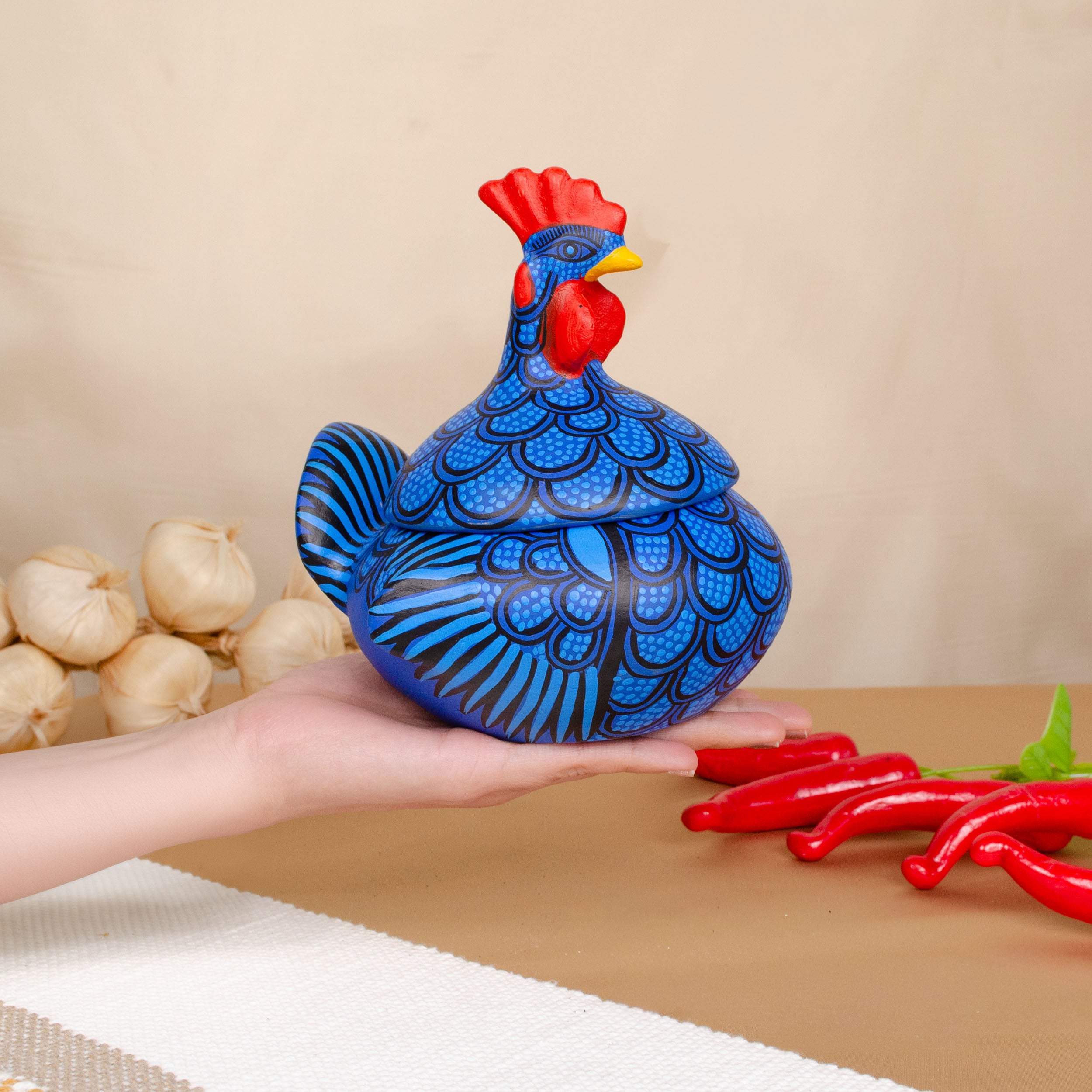 Hand Painted Clay Chicken Bowl with Lid