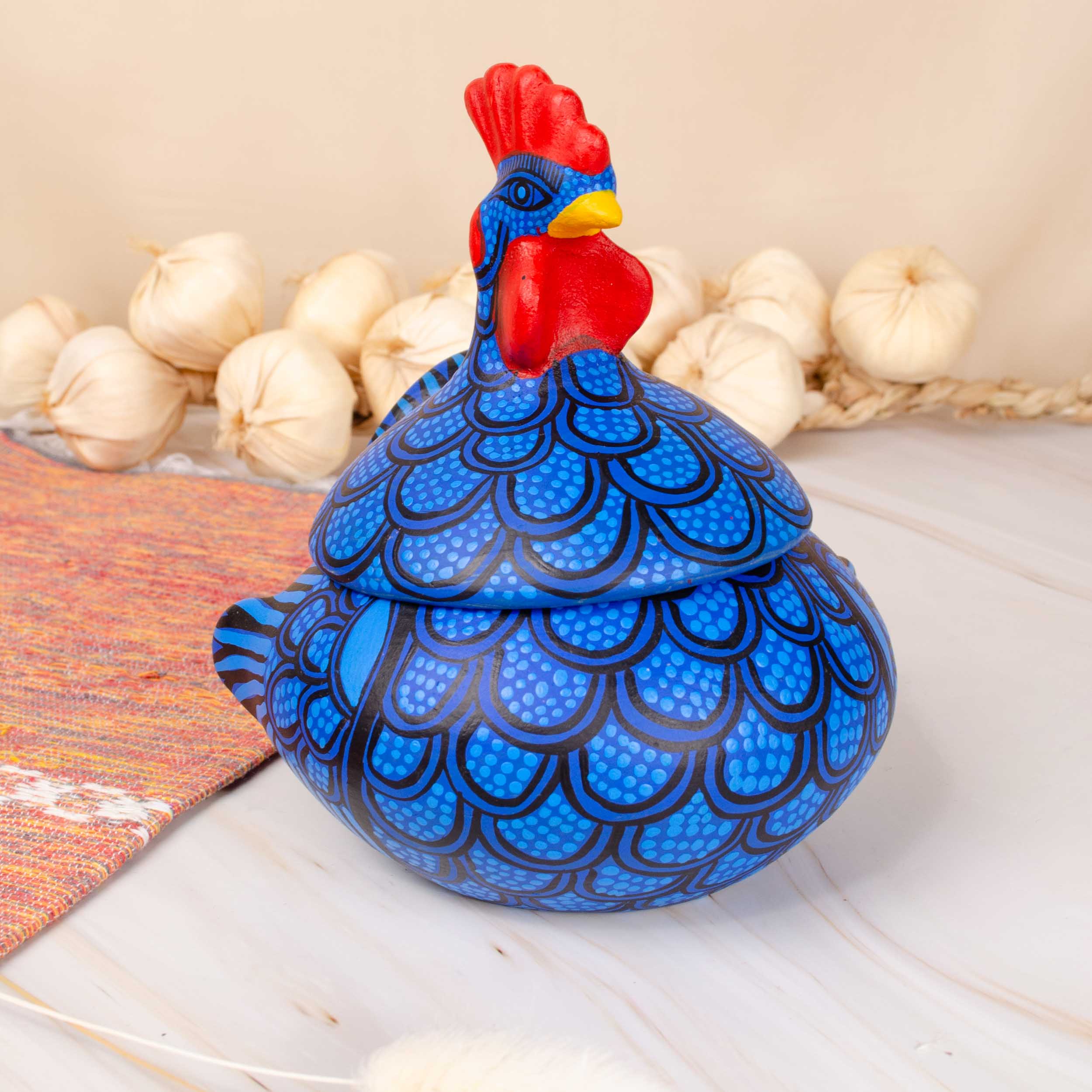 Hand Painted Clay Chicken Bowl with Lid