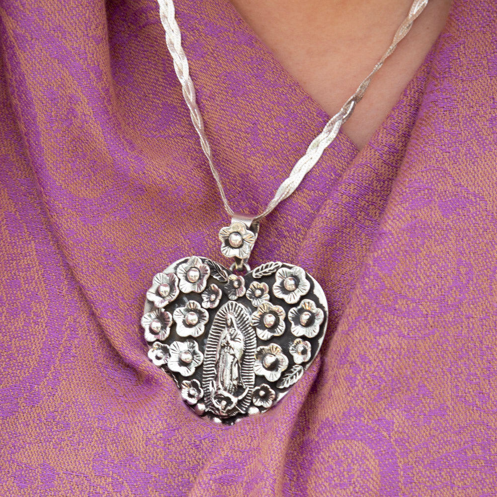 Sterling Silver Virgencita Corazon Pendant