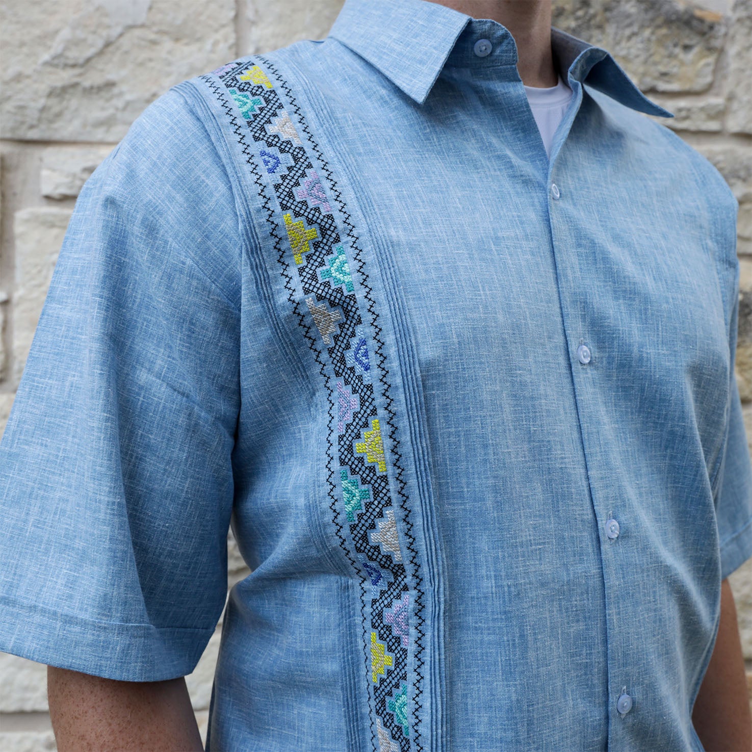 Azules Short Sleeve Multicolor Embroidery Guayabera