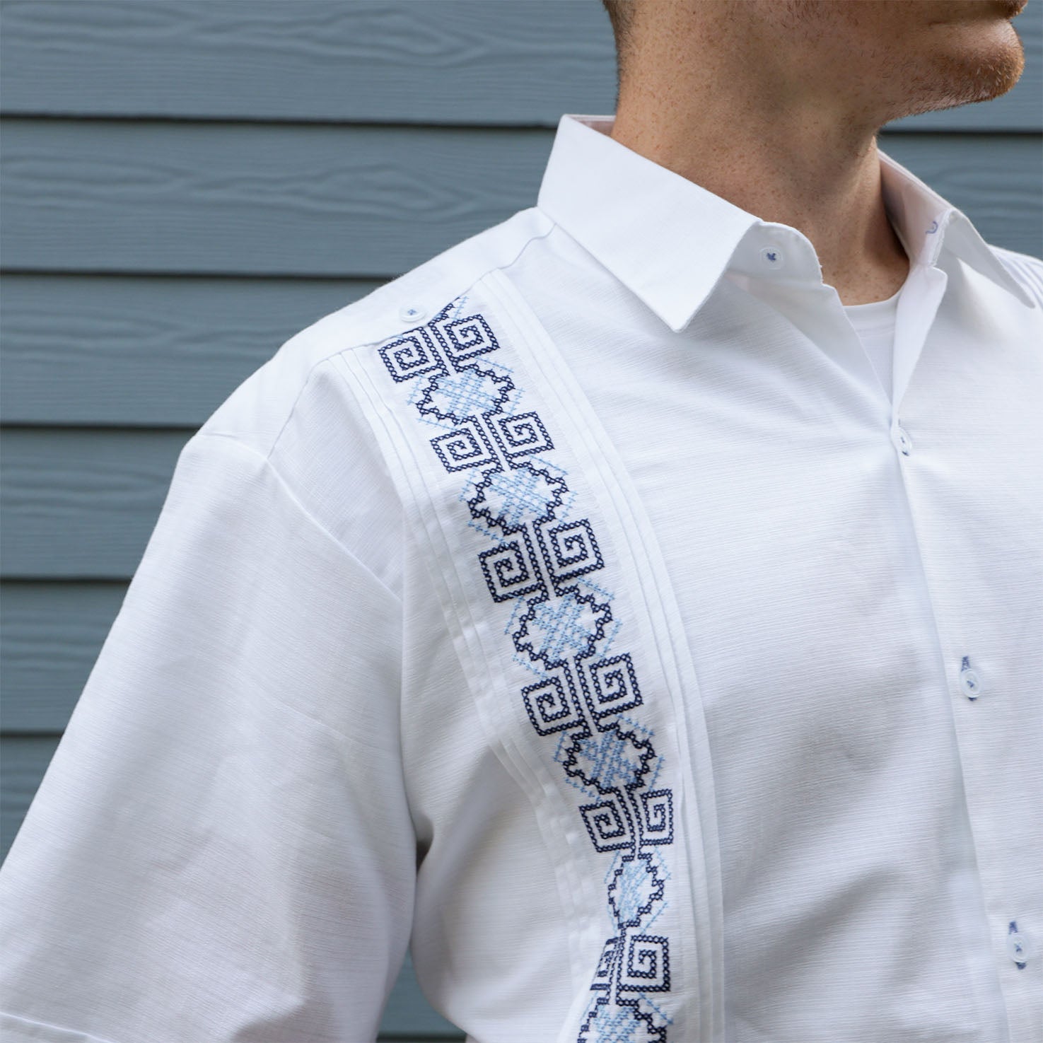 Blues Short Sleeve Embroidered Guayabera