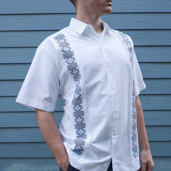 Blues Short Sleeve Embroidered Guayabera | Lolo Mexican Mercadito