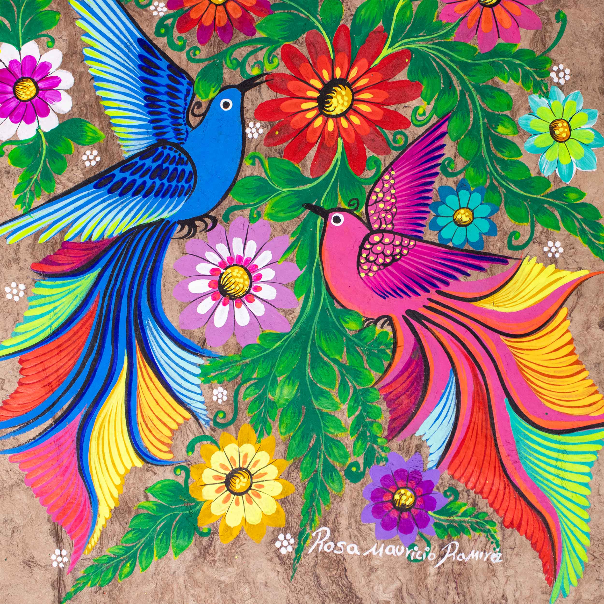 Hand-Painted Papel Amate Xalitla Painting by Rosa