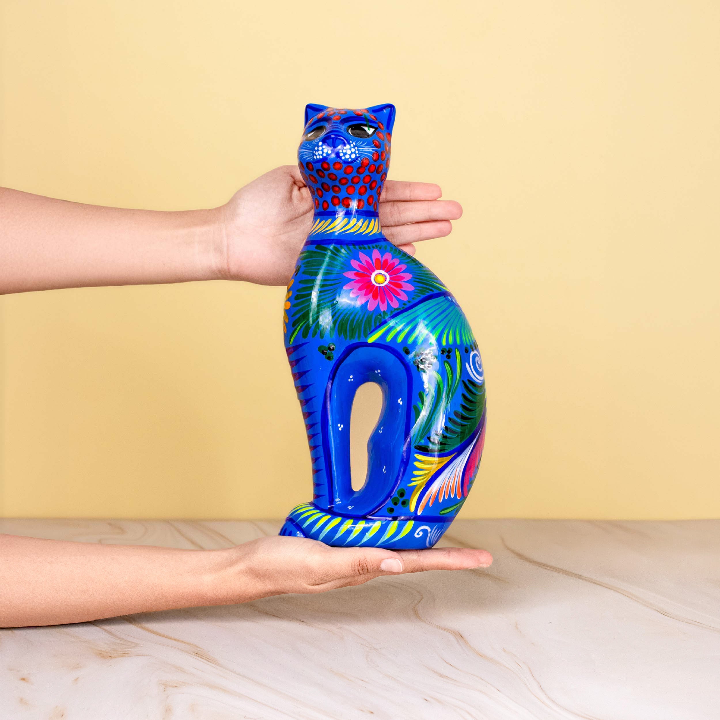 Hand-Painted Xalitla Cat Piggybank Sculpture