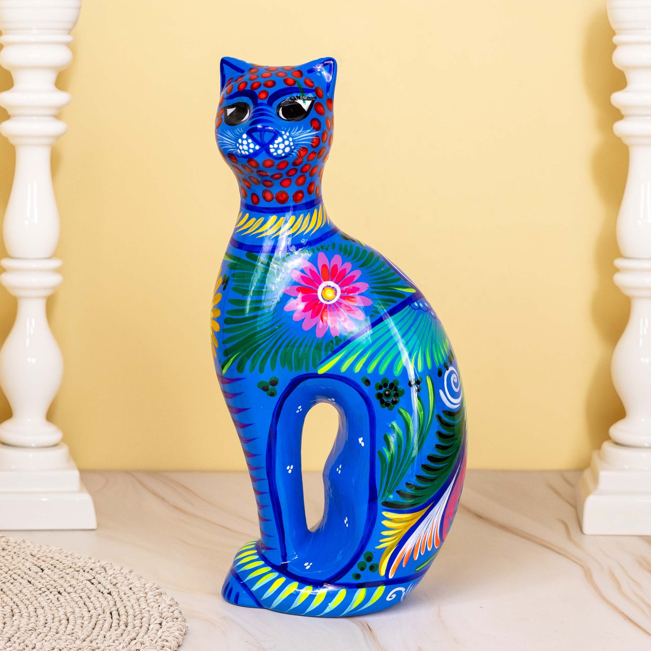 Hand-Painted Xalitla Cat Piggybank Sculpture
