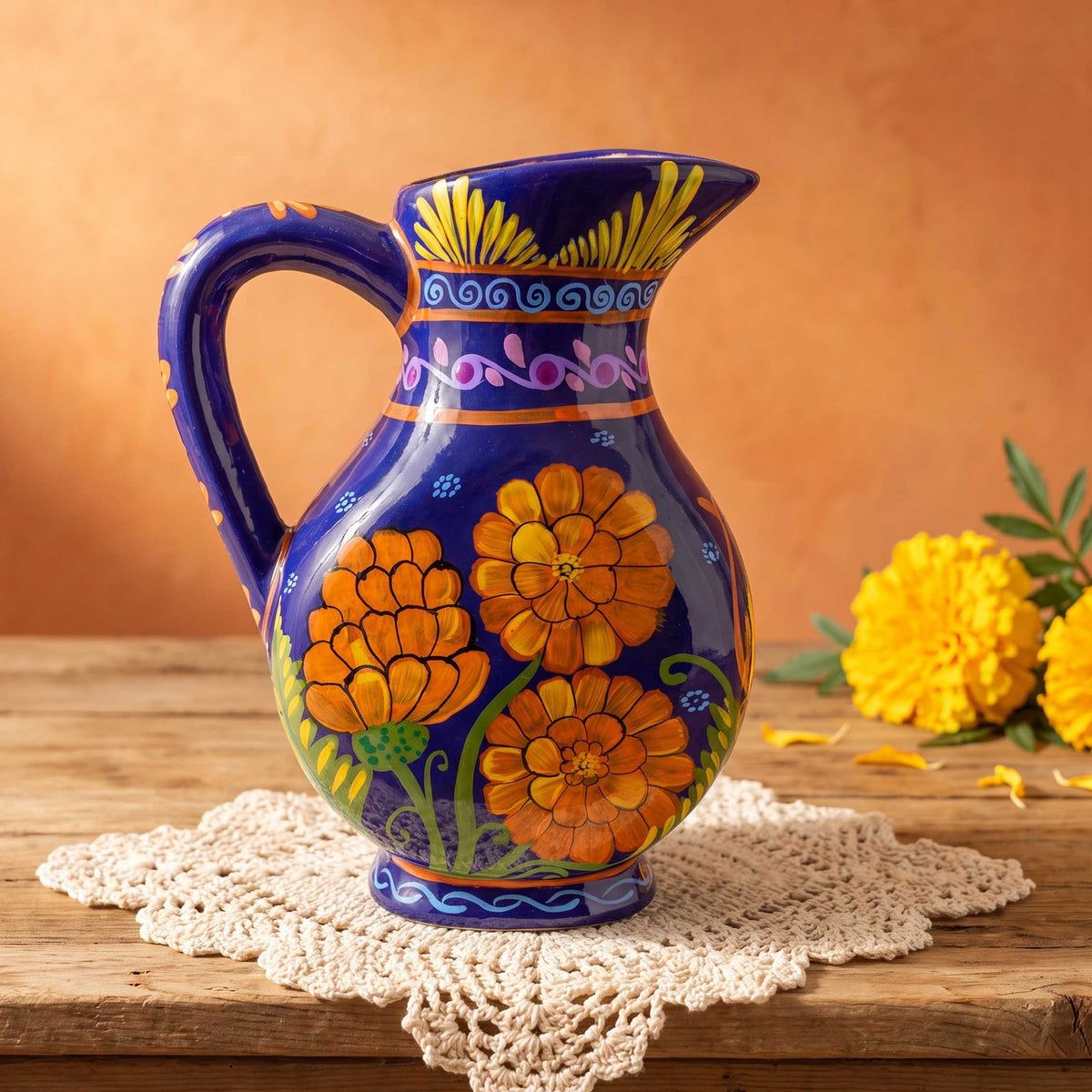 Hand-Painted Cempasuchil Lolo Limited Edition Clay Pitcher