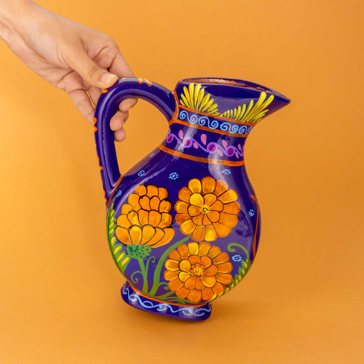 Hand-Painted Cempasuchil Lolo Limited Edition Clay Pitcher