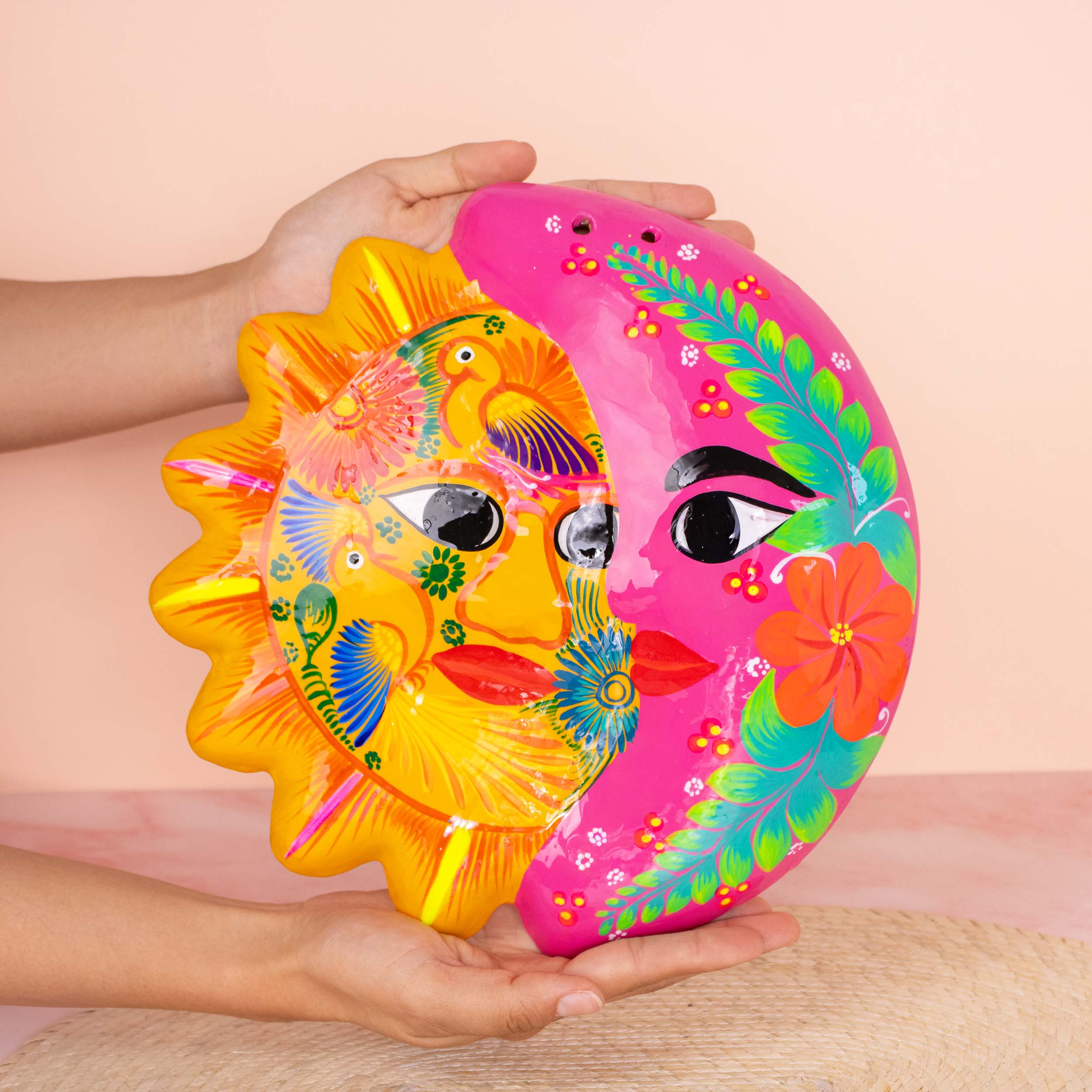 Hand-Painted Xalitla Sun and Moon Clay Wall Decor