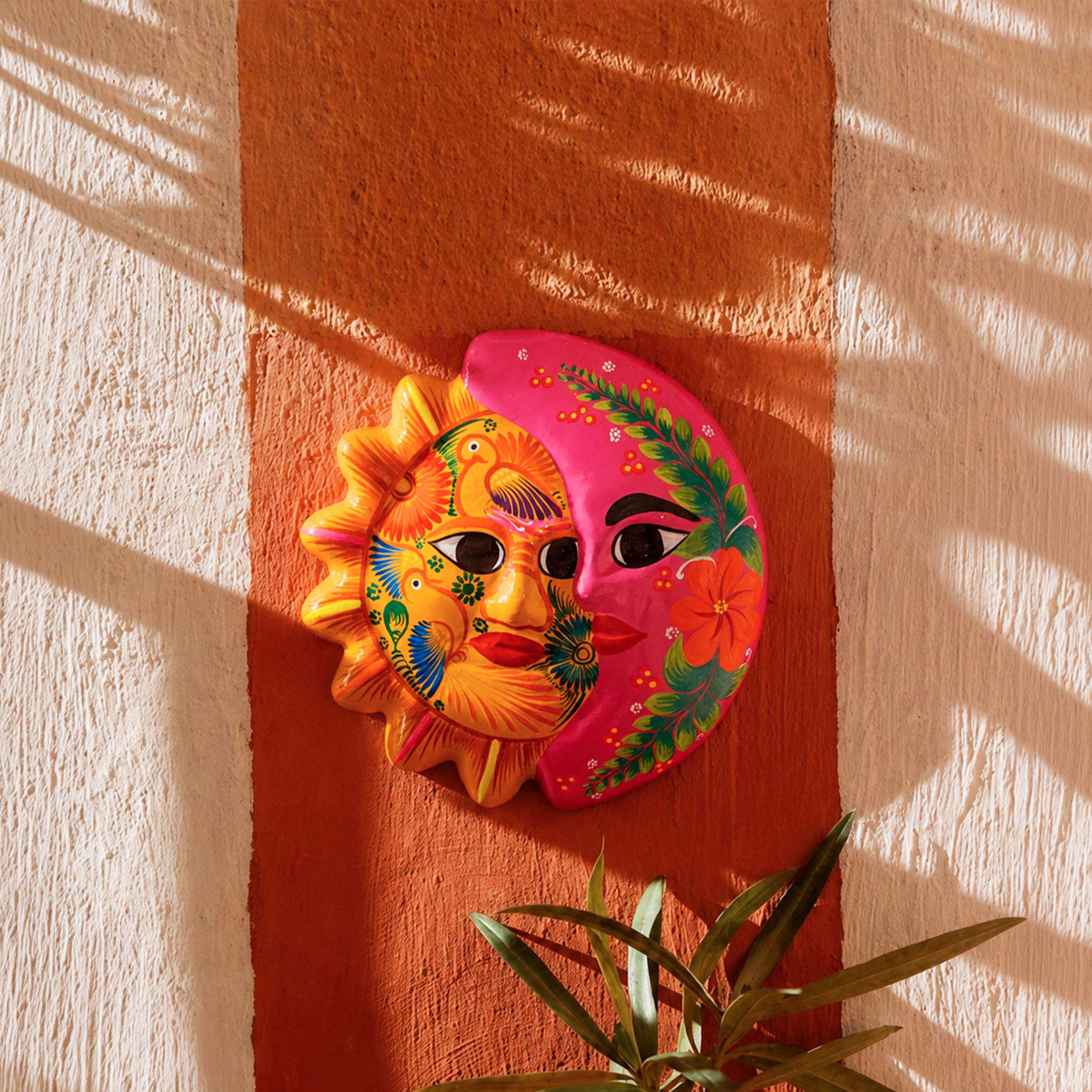 Hand-Painted Xalitla Sun and Moon Clay Wall Decor