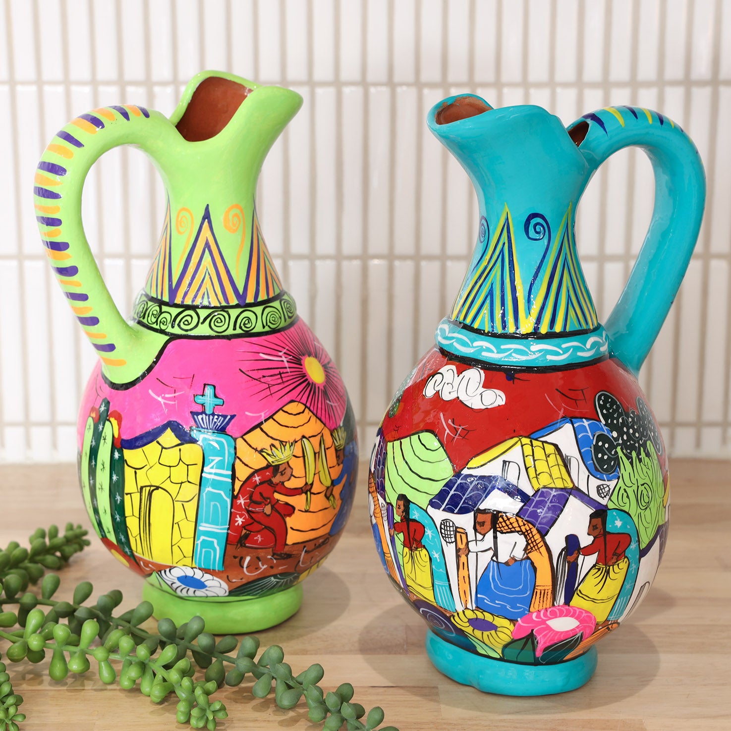 Xalitla Storytelling Round Color Pitcher with Handle