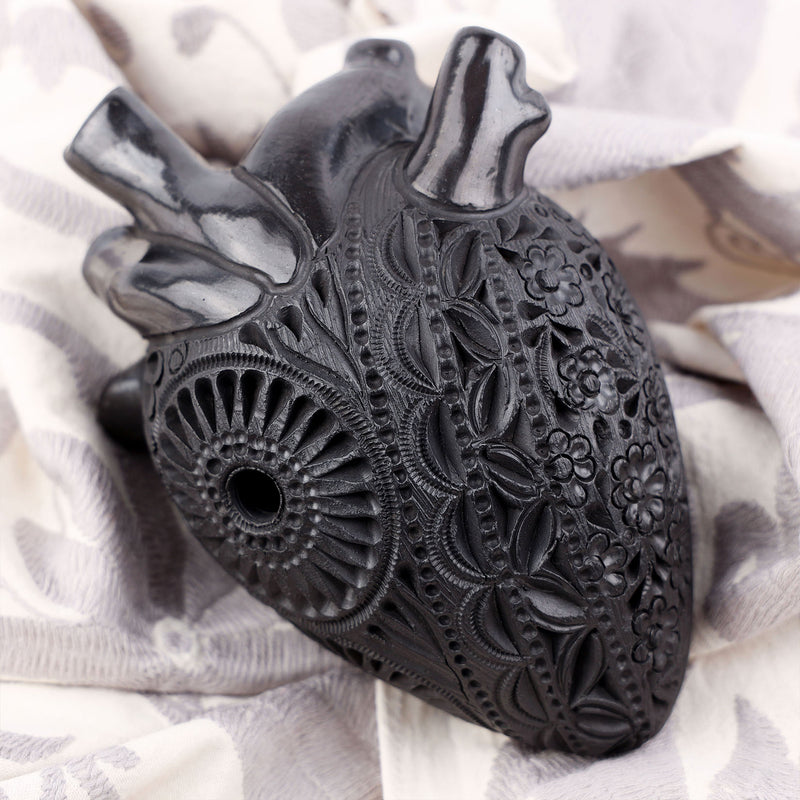 Carved Barro Negro, Black Clay, Heart Wall Art Sculpture