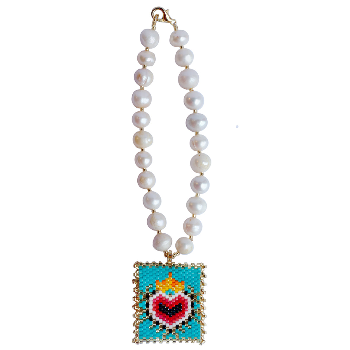 Wixárika Faux Pearl and Beaded Sagrado Corazon Bracelet