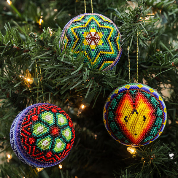 Handmade Set of 5 Natural & Red Wood Bead Christmas Ornaments Decor