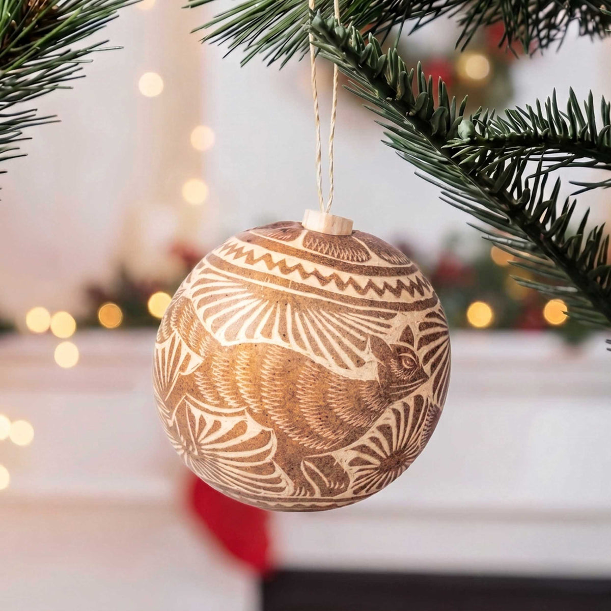 Jícara Natural Hand-Carved Round Christmas Ornament