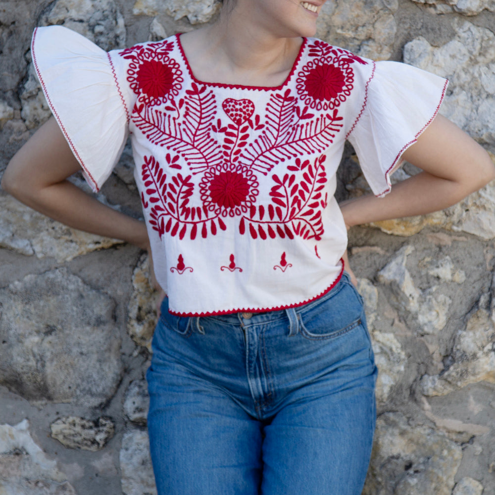 Carranza Flutter Sleeve Embroidered Cropped Blouse