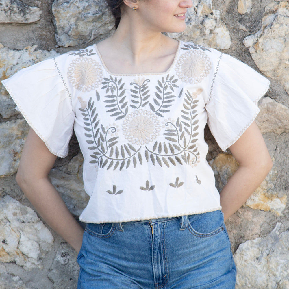 Carranza Flutter Sleeve Embroidered Cropped Blouse