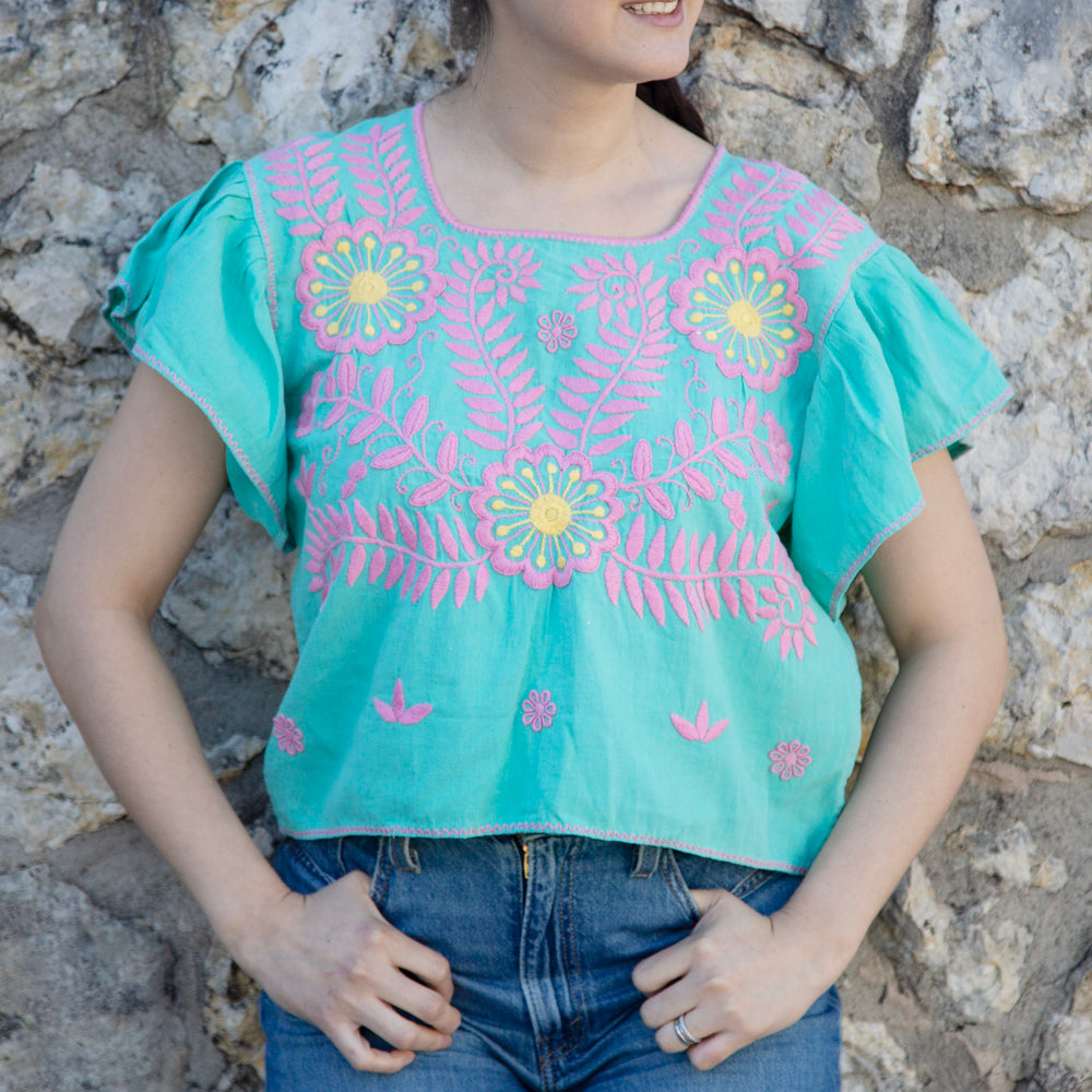 Carranza Flutter Sleeve Embroidered Cropped Blouse