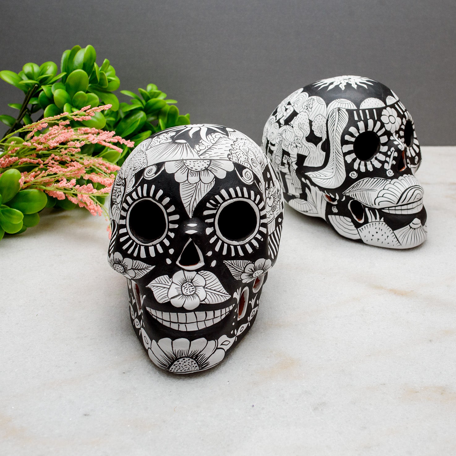 Storytelling Hand-Painted Black and White Xalitla Clay Sugar Skull