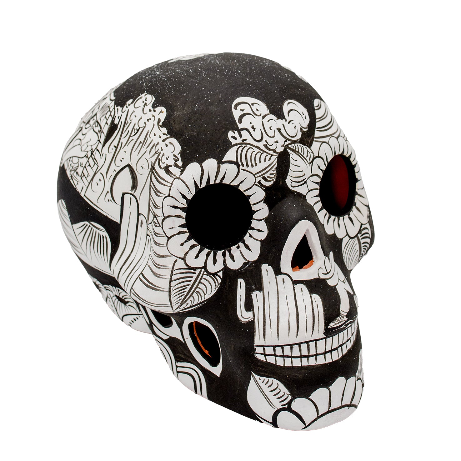 Storytelling Hand-Painted Black and White Xalitla Clay Sugar Skull