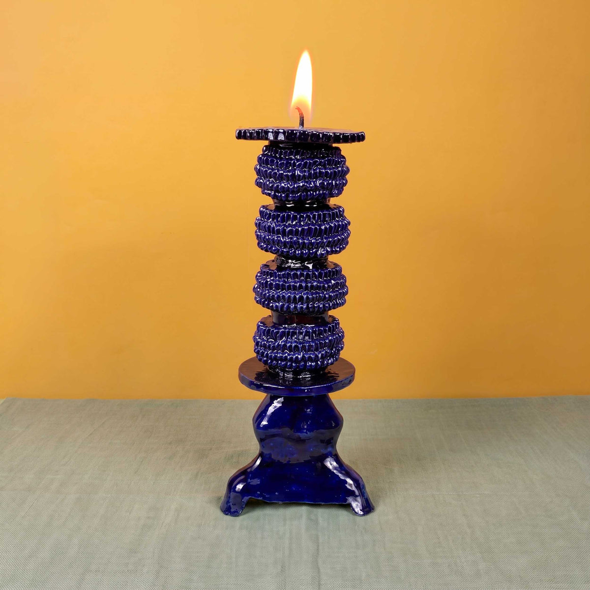 Large Blue Barro Vidriado Candle Holder