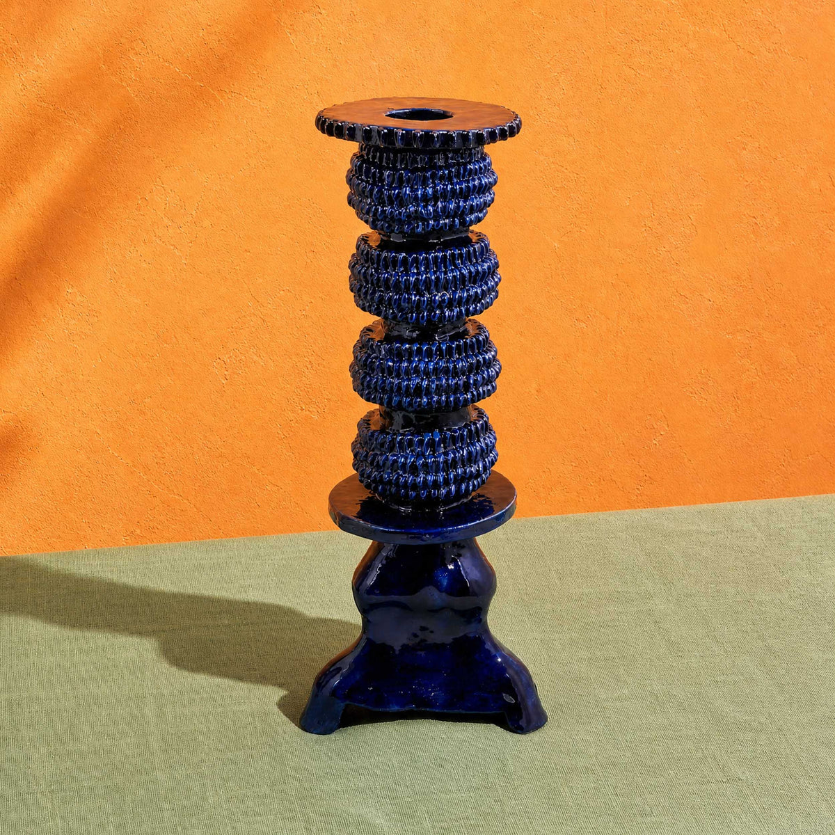 Large Blue Barro Vidriado Candle Holder