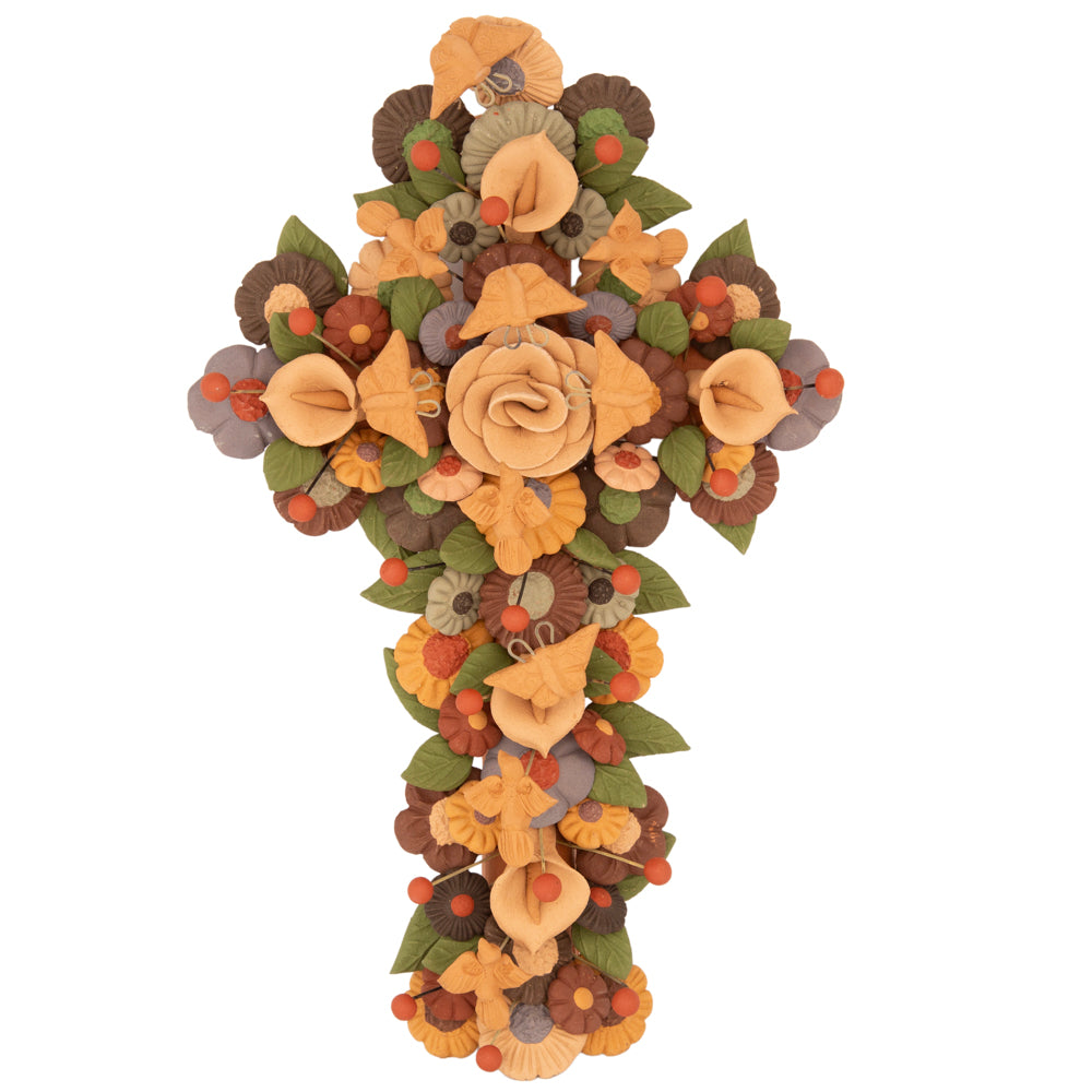 Large Floral Cross Barro Pigmentado Clay Wall Art