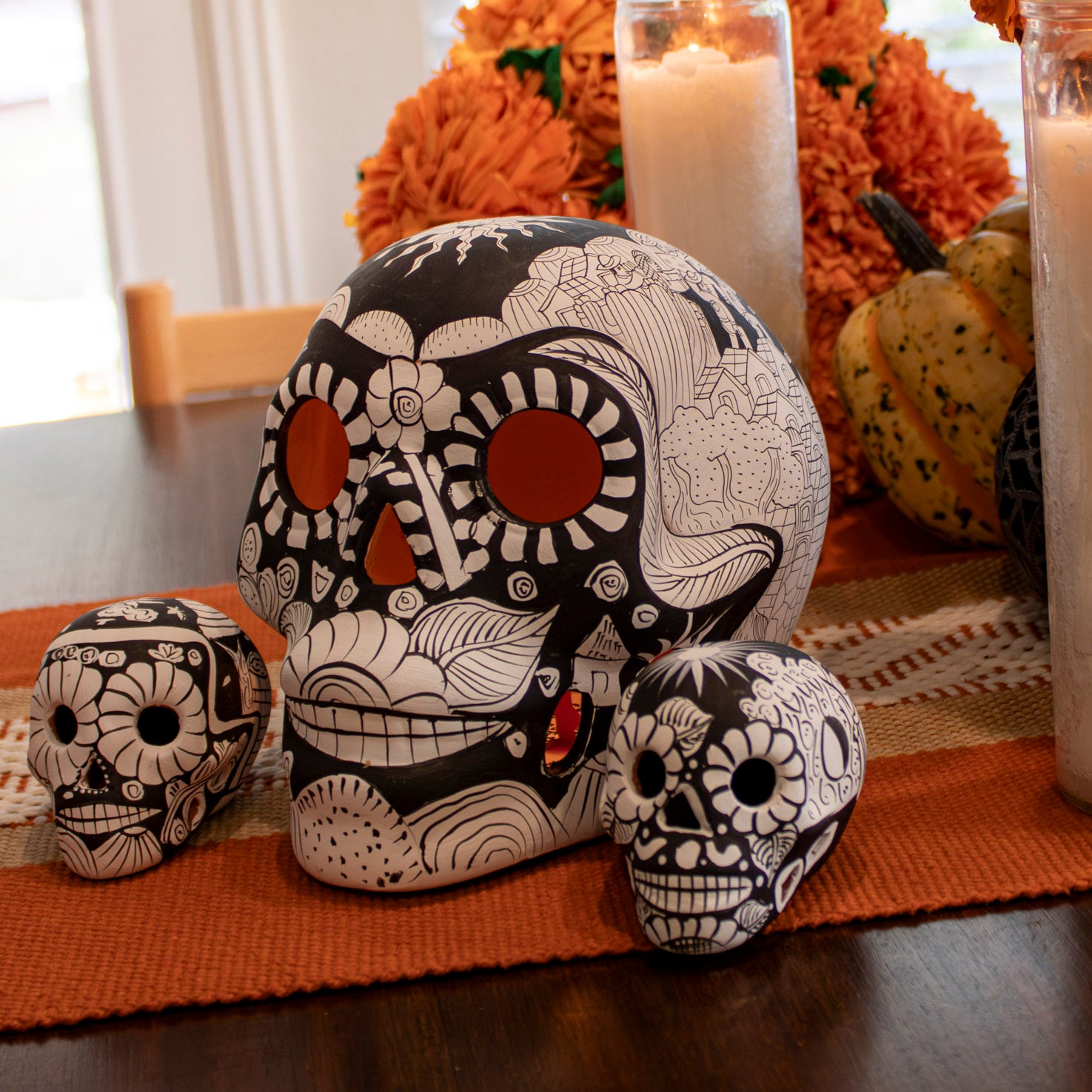 Storytelling Hand-Painted Black and White Xalitla Clay Sugar Skull