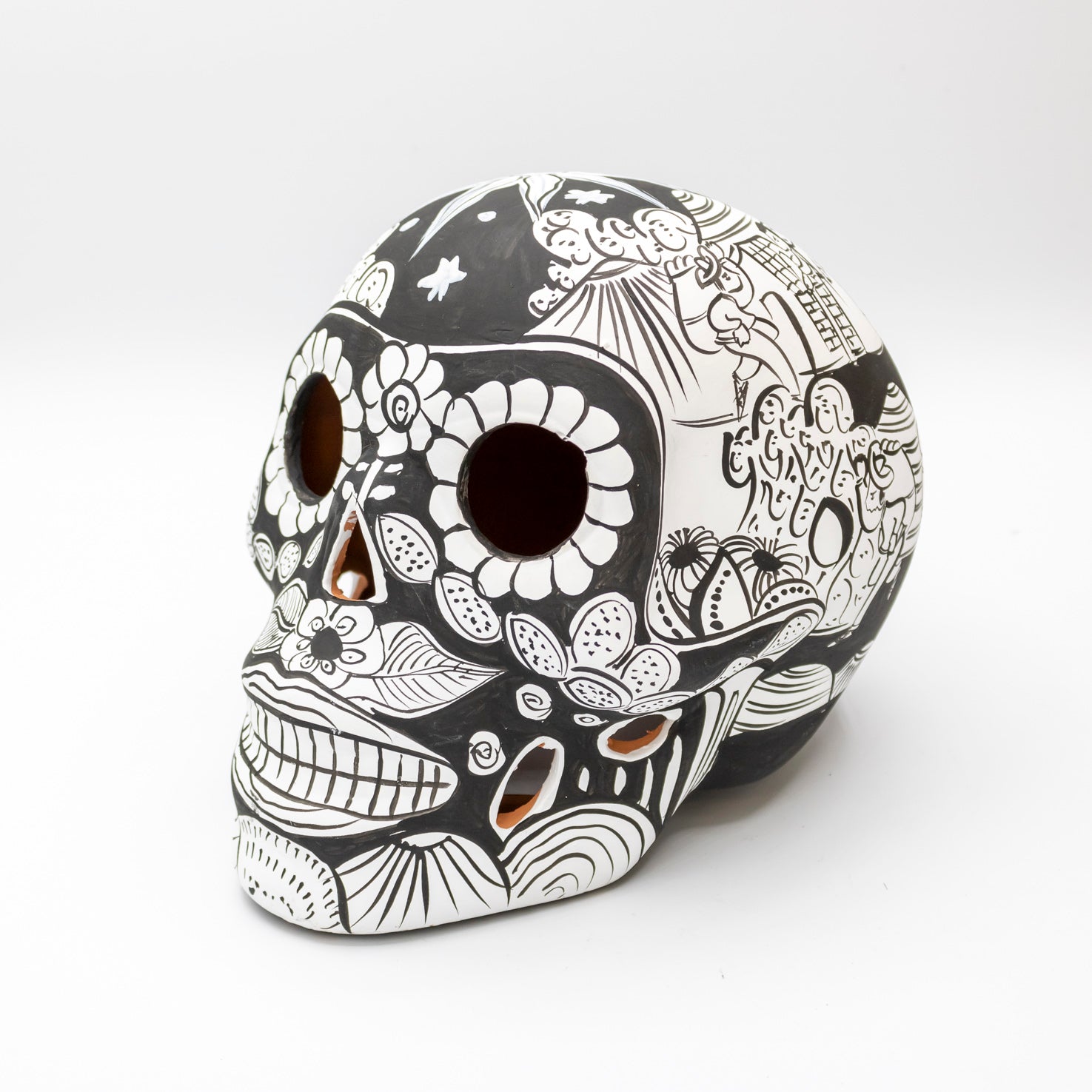 Storytelling Hand-Painted Black and White Xalitla Clay Sugar Skull