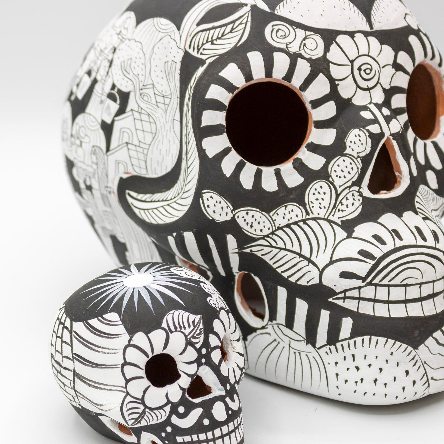 Storytelling Hand-Painted Black and White Xalitla Clay Sugar Skull