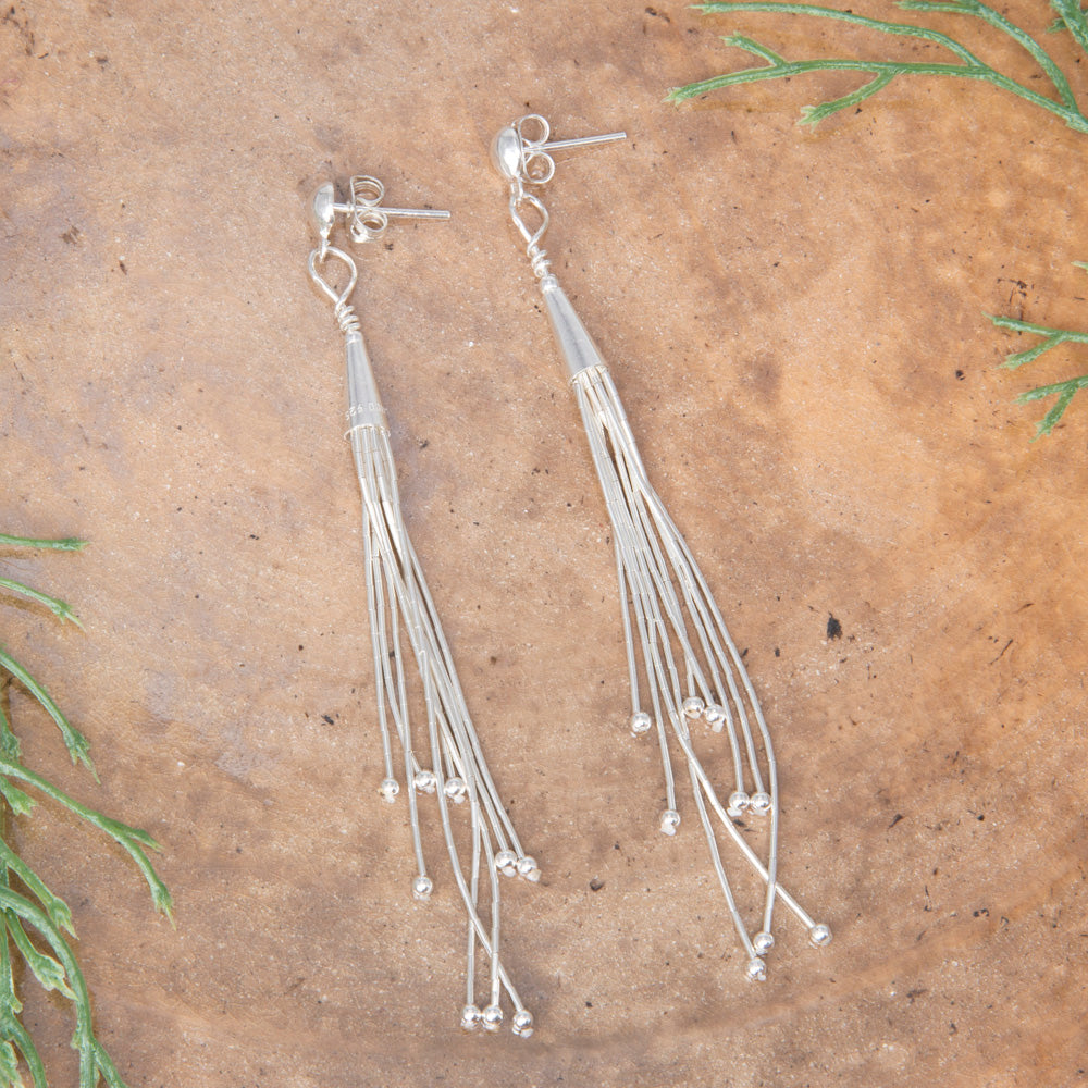 Sterling Silver Long Drop Liquid Silver Earrings