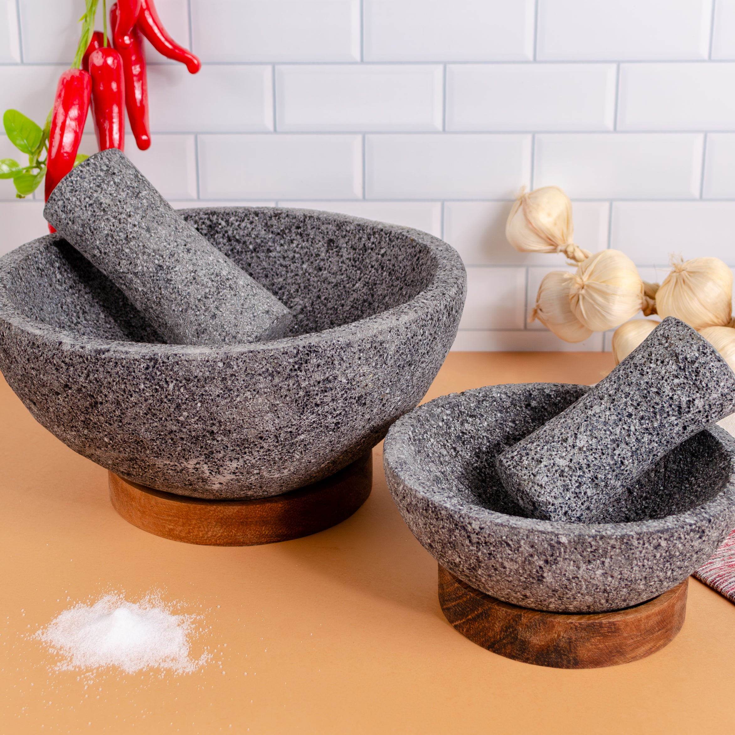 Volcanic Stone Molcajete with Wooden Base