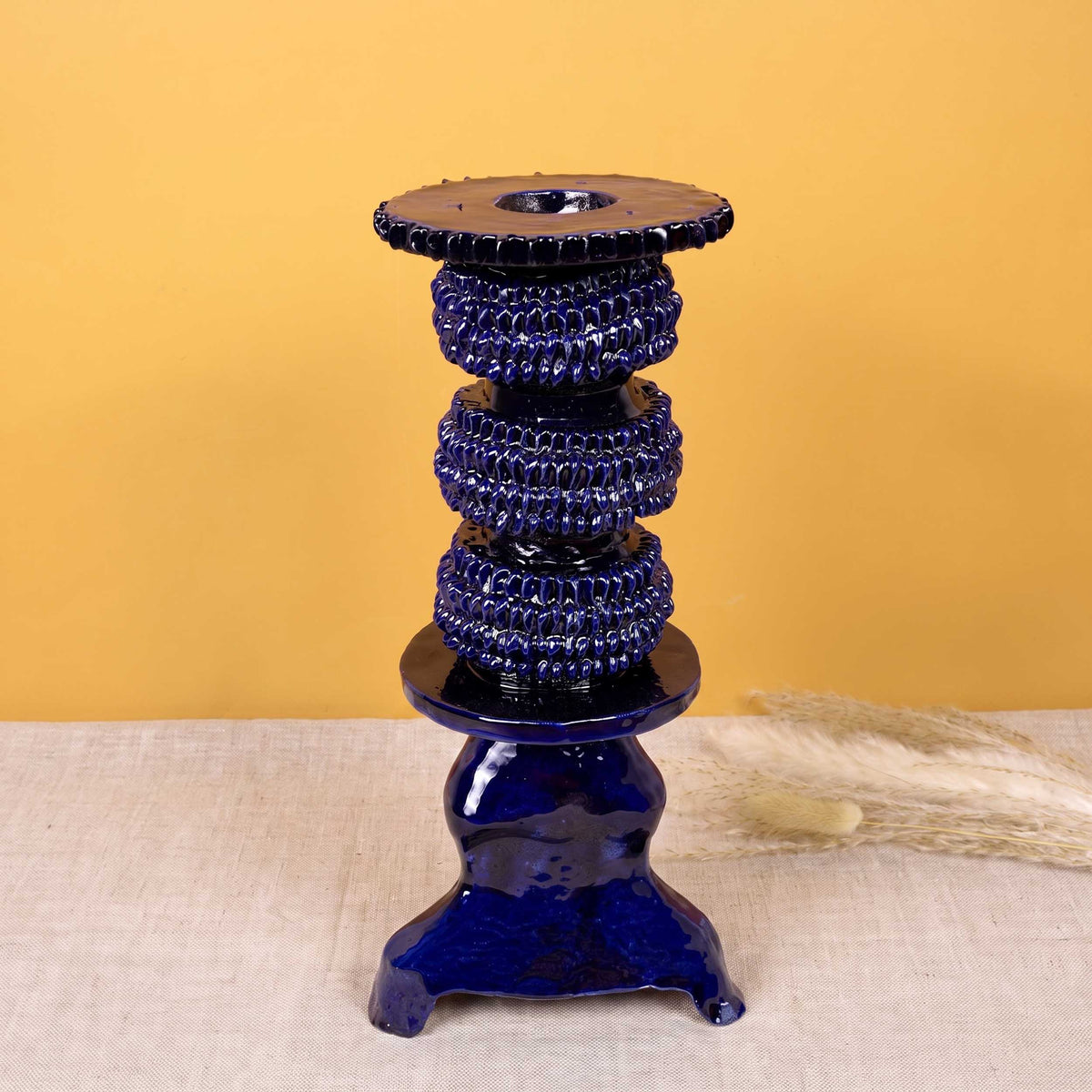 Medium Blue Barro Vidriado Candle Holder